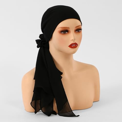 Elastic Band Muslim Headscarf, Chiffon Hijab(70-85cm), Soft Breathable Head Scarf for Daily Wear, Religious Occasions - color: Black