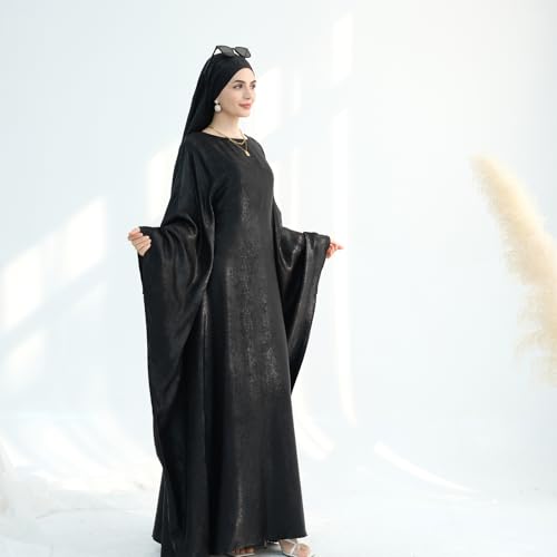 ODIZLI Abayas For Women Muslim Metallic Shiny Hijab Prayer Dress Arabic Kaftan Dubai Turkey Islamic Dress - color: Black, size: Size Two