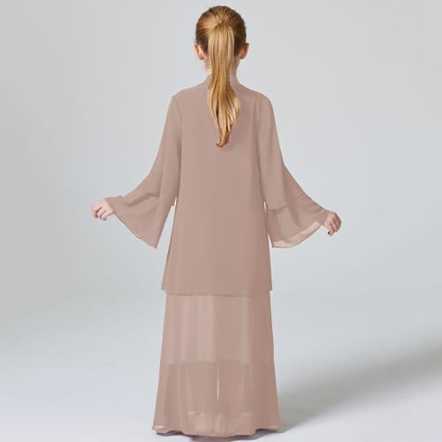 Kids Abaya Dress for Girls Muslim Dress with Hijab Chiffon Layered Open Front Cardigan Ramadan Eid Kaftans Dubai Outfit - color: Light Brown, size: 5-6 Years