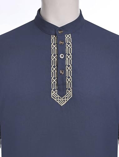 Odizli Muslim Clothes For Men Long Sleeve Stand Collar Thobe Saudi Jubba Dishdasha Kurta Diwali Outfits Indian Clothes - color: Navy Blue, size: Large