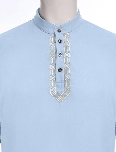 Odizli Muslim Clothes For Men Long Sleeve Stand Collar Thobe Saudi Jubba Dishdasha Kurta Diwali Outfits Indian Clothes - color: Light Blue, size: Small
