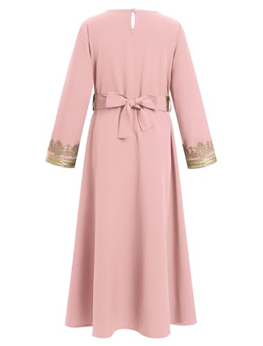 IWEMEK Abaya for Girls Muslim Prayer Dress Kids Islamic Dubai Eid Ramadan Clothes Wedding Saudi Arabic Kaftan Dress with Belt - color: Pink+gold, size: 3-4T