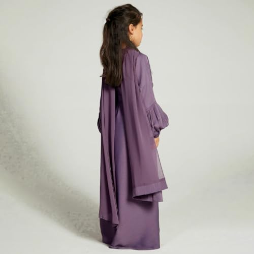 Kids Girls Muslim Abaya Long Sleeve Snap Front Maxi Dress with Belt Robe Kimono Dubai Hijab Dress - color: Purple B, size: 5-6 Years