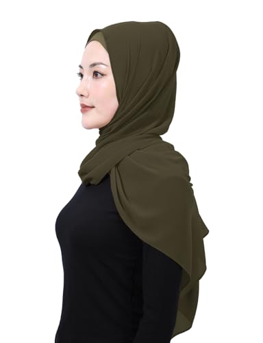 Matched Hijab and Undercap Set, Chiffon Muslim Head Scarf for Women, A Perfectly Decent Combination - color: Olive Green