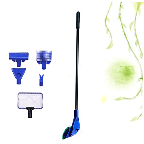 LIOOBO Five One Aquarium Fish Tank Brush Cleaning Kit Long Handle Fish Net Rake Scraper Clip for Effortless Cleaning of Aquariums Blue