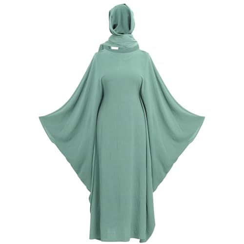 ODIZLI Abayas For Women Muslim Dubai Full Cover Kaftan Shirt Dress Batwing Sleeve Prayer Dress With Hijab - color: Green + Hijab, size: One Size