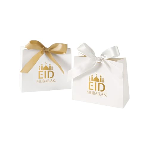 20 Pack Eid Party Favor Box, Eid Moon Candy Box, Ramadan Mubarak Party Goodie Box, DIY Eid Treat Paper Box with Ribbon Bow, Islam Muslim Wedding Festival Candy Box, Chocolate Cookie Souvenir Boxes for Eid Party Supplies Gold Castle Goodie Present Bag - co