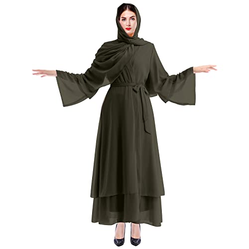 Muslim Abaya Dress for Women - Long Sleeve Islamic Dubai Abaya Cardigan Robe - Middle East Prayer Dress with Hijab - color: Army Green, size: Small