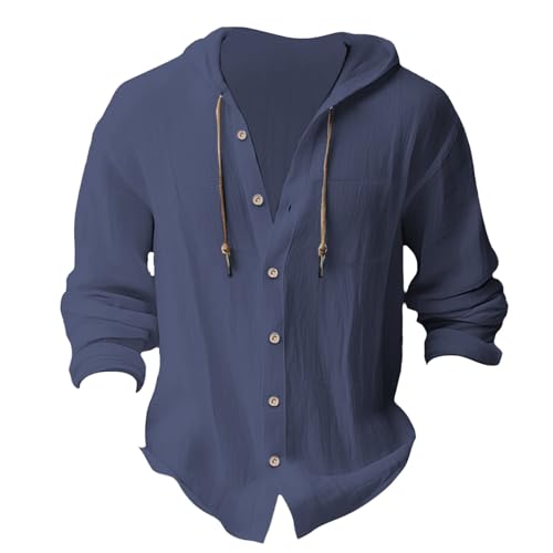Linen Shirts for Men Casual Button Shirt Summer Cotton Linen Hoodie Beach Long Sleeve Shirts Top with Hood - color: B1-navy, size: Medium