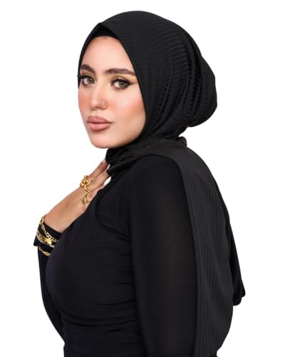 Instant Hijab For Women | Head Wrap100% Cotton Rib Headscarf | Easy to Wear Hijabs with Metal Pin - color: Black