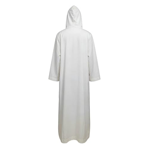 Mens Kaftan Thobe Casual Long Sleeve Zipped Hoodies Caftan Robe Muslim Gown Kurta Tops Arabic T Shirts with Pockets - color: White, size: Large