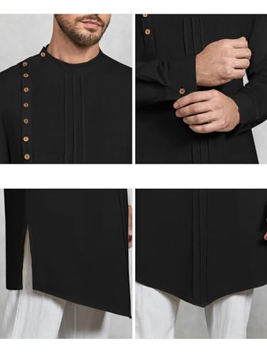 Gafeng Mens Kaftan Thobe Long Sleeve Robe Gown Casual Cotton Linen Button Muslim Shirt - color: Black, size: XX-Large