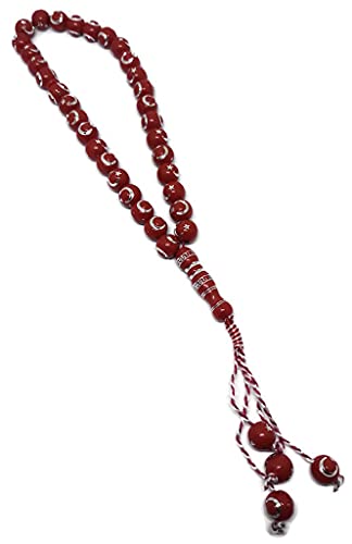 Muslim Bead Tasbih 33 Rosary AMN-277 Islam Prayer dhikr Misbaha with Moon Star Engraved on Islamic Religion Eid Ramadan Gift (Red) - color: Red