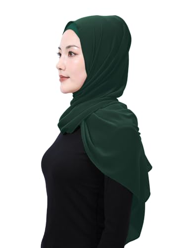 Matched Hijab and Undercap Set, Chiffon Muslim Head Scarf for Women, A Perfectly Decent Combination - color: Dark Green