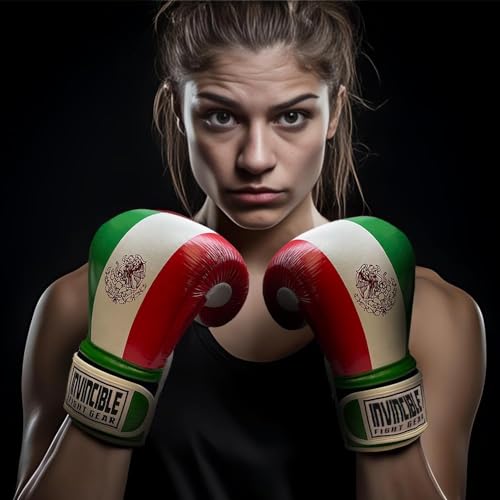 Invincible Fight Gear Standard Hook and Loop Leather Training Boxing Gloves with Mexican Flag Colors -Ideal for Boxing, Kickboxing, Muay Thai, MMA for Men Women and Kids
