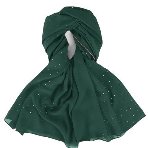 Hijab Scarf for Women Soft Chiffon Rhinestone Long Scarf Shawl Fashion Muslim Hijab Head Wrap Scarves - color: Dark Green