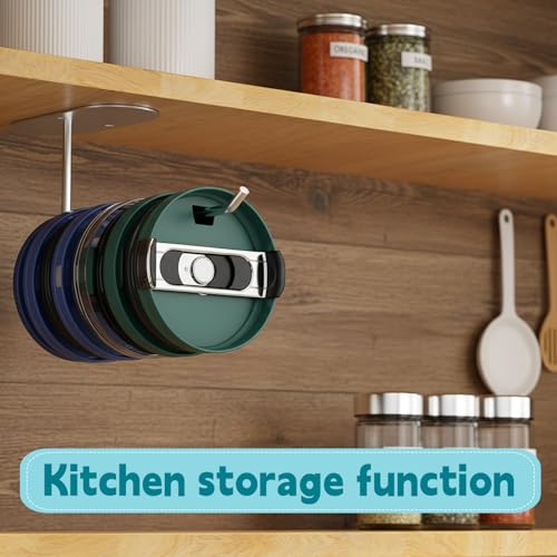 8 Pack Tumbler Lid Organizer, Under Cabinet Cup Lid Storage for Tumbler Lids, Space Saving Drilling Hook Rack for Kitchen Organizers and Storage Silver