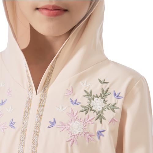 Kids Girls Abaya Muslim Eid Dress Gold Embroidered Lace Hooded Maxi Kaftan Robe Islamic Dubai Prayer Clothes - color: B-beige, size: 10 Years