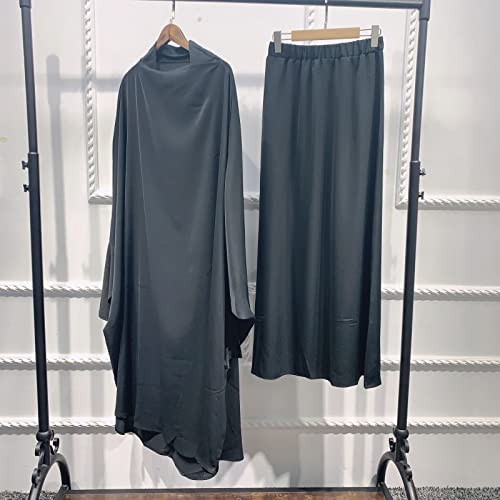 Women Muslim 2 Set Solid Color Plus Long Sleeve Thobe One-size Longuette Overall Abaya Thobe with Hoodied Hijab - color: Gray