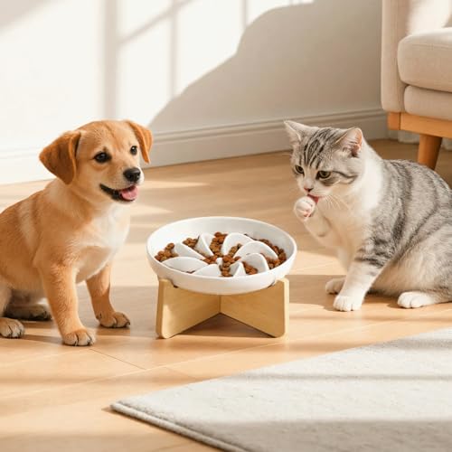 PETTOM Slow Feeder Cat Bowl with Stand, Ceramic Slow Eating Cat Bowl with Higher Edges, Elevated Cats Food Bowls for Dry and Wet Food Anti-Vomiting Puzzle Feeder for Healthy Eating Diet - color: Milky White