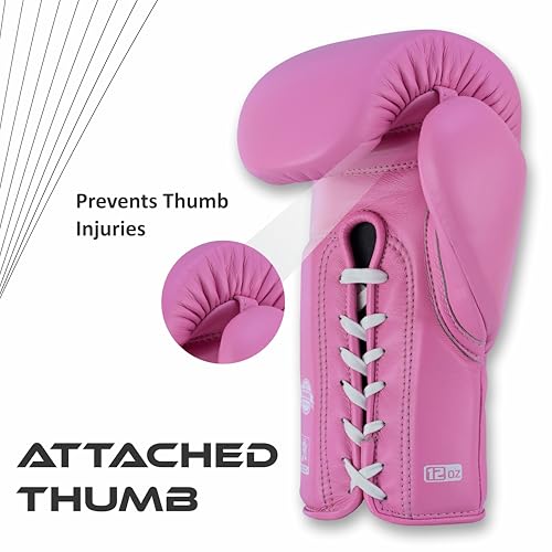 Aura 100 Full Grain Leather Lace Up Boxing Gloves for Men & Women – Professional Training, Sparring, Competition, Muay Thai, Kickboxing & Heavy Bag Gloves - color: Pink, size: 16 OZ