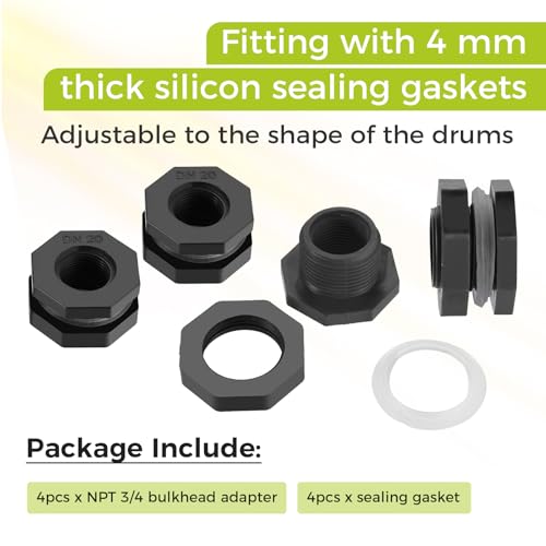 4 Pcs 3/4 Inch PVC Bulkhead Fitting, Plastic Water Tank Connector | Threaded Tank Adapter with Sealing Gaskets, Fitting for Rain Barrels, Aquariums, Bucket, Ponds, Gallon Drain Bucket
