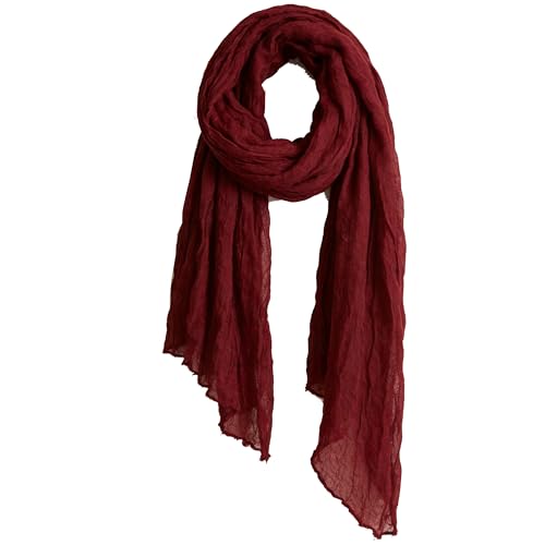 Women Crinkle Spring Scarf Shawls Summer Long Scarves Lightweight Hijab Wraps Soft Linen Cotton for Beach Travel - color: Wine Red