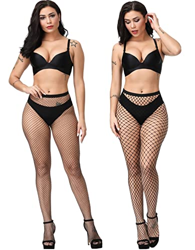 E-Laurels Womens High Waist Patterned Fishnet Tights Suspenders Pantyhose Thigh High Stockings Black - color: Black 2 Pcs M+l