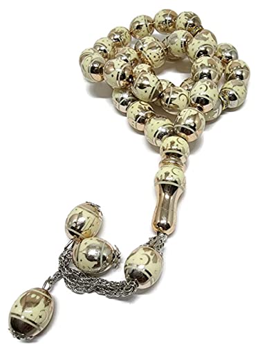 Muslim Tasbih 33 Rosary Bead AMN-276 Islam Prayer dhikr Misbaha with Masjid Image Printed on Laser Crystal Stone Beads Islamic Religion Eid Ramadan Gift (Gold_2) - color: Gold_2