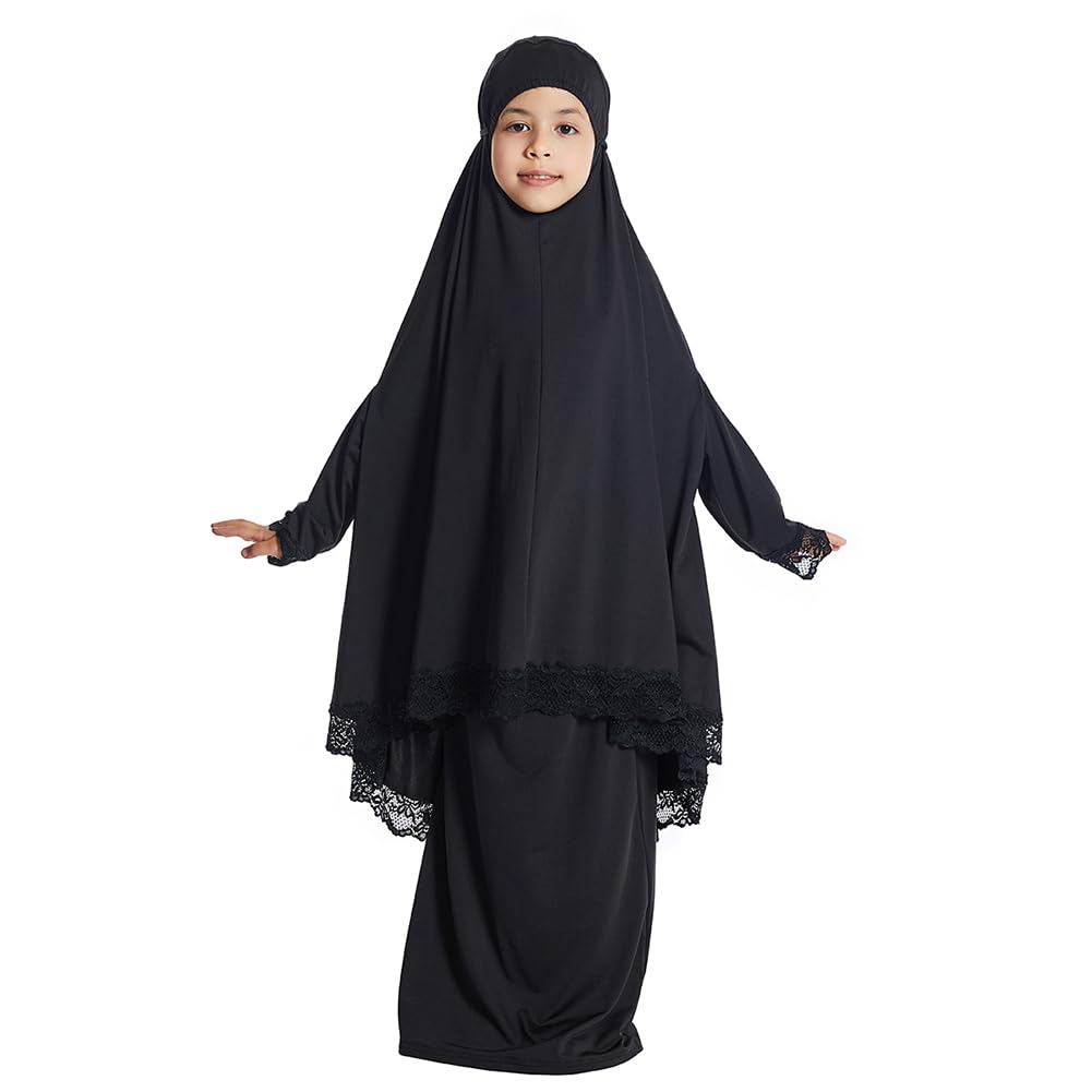 AWIBMK Girls Abaya Dubai Kaftan Prayer Dress and Full Cover Lace Hijab Kids Muslim Robe Ramadan Dresses Modest Clothing - color: Black, size: 7-8 Years
