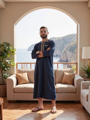 HOMELEX Men's Muslim Clothes Thobe Middle East Kaftan Saudi Arab Caftans Islamic Abaya Dress Dubai Robes - color: Blue, size: Large