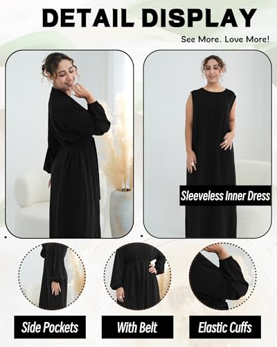 Women's Muslim Dress Two Pieces Set Islamic Prayer Abaya Modest Solid Color Muslim Outfits - color: Black Abaya, size: XX-Large