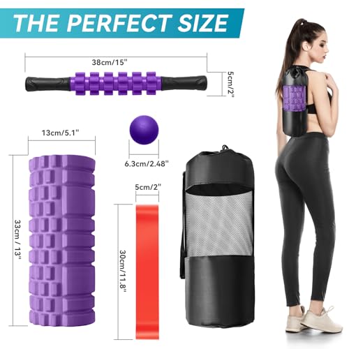 Krightlink 5 in1 Foam Roller Set, High Density Deep Tissue Massager for Muscle Massage, Massage Roller, Massage Ball, Resistance Band for Whole Body Physical Therapy Deep Muscle Massage (Purple) - color: Violet