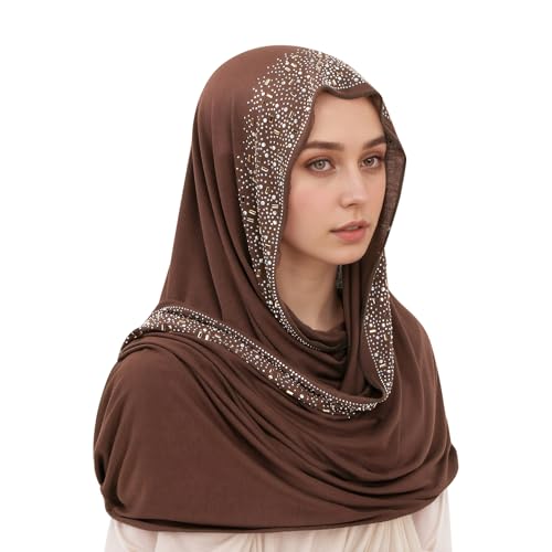 Women Elegant Long Scarf Muslim Islamic Ramadan Eid Hijab Prayer Scarf Silk Jersey Turban Headwrap Lightweight Shawl - color: B-coffee