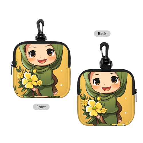 Small Neoprene Pouch, Mini Portable Makeup Bag With Carabiner Keychain Waterproof Travel Coin Purse Storage Bag Cartoon Muslim Girl Clutch Cosmetic Organizer For Women