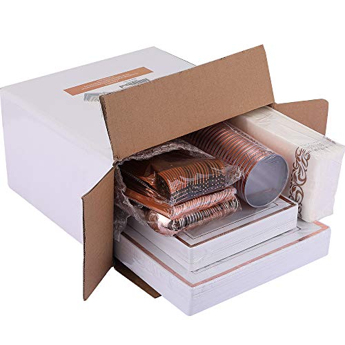 FOCUSLINE 175 Count Rose Gold Dinnerware Set for 25 Guests - Square Plastic Plates with Rose Gold Rim, Includes 25 Disposable Dinner & Dessert Plates, Napkins, Cups, Cutlery Set for Wedding Parties - color: Rose Gold Rim Square Plates