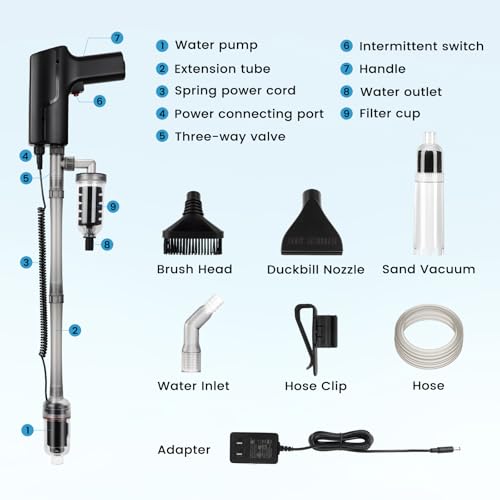 hygger Battery Powered Aquarium Vacuum Gravel Cleaner, 6 in 1 Automatic Fish Tank Vacuum Handle Control, Powerful Gravel Vacuum for Aquarium, Water Changer Sand Washer Water Filter Adjustable Length