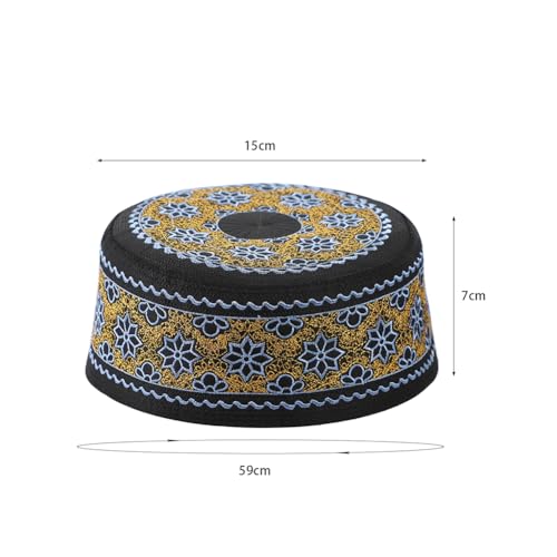 Muslim Prayer Kufi Hat Men Islam Skull Embroidery Cap Beanie Hat Arabian Omani Turkish Prayer Headwear Eid Gift - color: Blue Flower