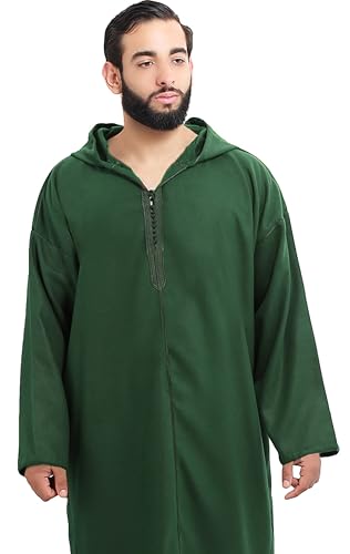 Moroccan Men Djellaba with Hood – Handmade Winter Jellaba Cotton Kaftan with Delicate Embroidery, Caftan Fits L–XL - color: Green