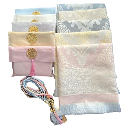 Muslim Prayer Rug and Beads with Elegant Slub Fabric Bag | Janamaz | Sajadah | Soft Islamic Prayer Rug | Islamic & Mawlid Gifts | Prayer Carpet Mat, Taffeta Fabric (Blue, 8 Sets) - color: Blue, size: 8 Sets