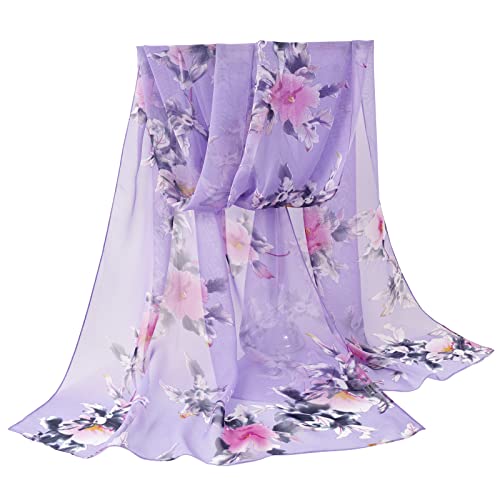 E-Clover Women Soft Floral Print Shawl Chiffon Sheer Scarf - color: Purple Floral-216