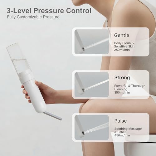 Electric Portable Bidet- Rechargeable Travel Bidet for Women, Postpartum, Hygiene | 3 Pressure Modes, 260 Uses/Charge, IPX7 Waterproof, Foldable & Compact, Standard Bottle Fit, USB-C Charging, White - color: White