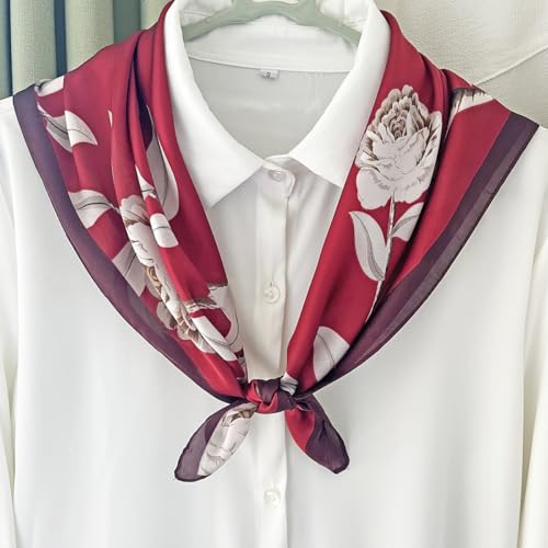 FONYVE Silk Feeling Scarf Medium Square Satin Head Scarf for Women 27.5 × 27.5 inches - color: 03 Red Flowers