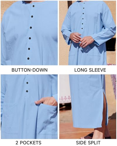 YAOHUOLE Kaftan for Men Long Sleeve Muslim Men Thobe Kaftan Thobe with Pockets - color: Blue, size: XX-Large
