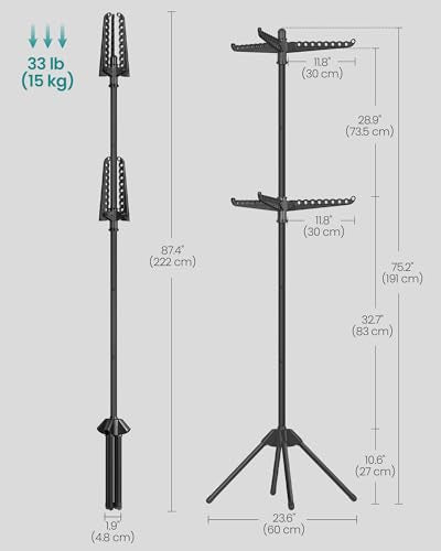 SONGMICS 2단 의류 건조대, 190cm(75.2인치) 접이식 세탁 건조대, 행거용 6개의 회전 가능한 암, 스테인리스 스틸, 옷 54개, 블랙 ULLR514B01 - color: 블랙., style: 2단 행