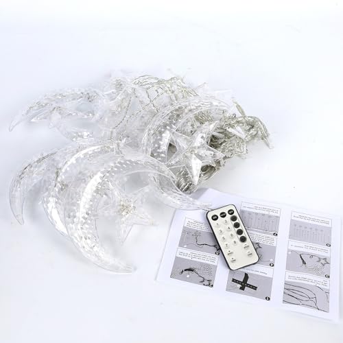 WATERGLIDE 138 LED Star Moon Curtain Decorative Lights, Window Curtain Fairy String Lights, Remote Control & USB Plug, 8 Lighting Modes for Home Holiday Ramadan Christmas Wedding Party, Warm White