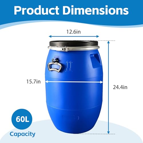 Shipping Barrel, Plastic Drum with Lid, Food Grade Container, Air Tight for Water and Food Storage, Rain Barrel Use(60L) - size: 60L