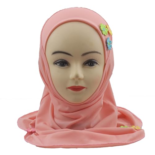 Girls Instant Hijab – Soft Kids Muslim Scarf with Flower, Breathable One-Piece Headscarf for Toddlers Age 2-8 - color: Orange Pink