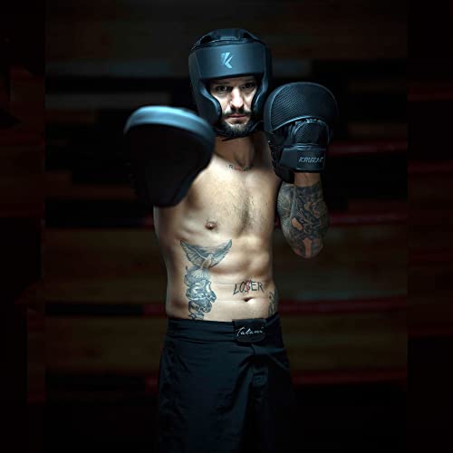 Kruzak Unisex Matte Black Boxing Gloves, Focus Mitts and Head Gear Set for Kickboxing and Muay Thai MMA Training | Fitness Kit for Martial Arts and Karate - size: S/M - Headgear