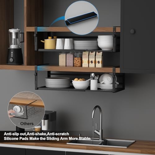 AmonHouseware 2Pack Expandable Under Shelf Storage Basket Organizer,Black | Adjustable Hanging,Length Stretchable14.9-22.6Inch,Under Cabinet Shelf for Laundry Room Kitchen Pantry Desk Counter Cupboard - color: Black